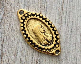 Oval Mary Medal Connector, Our Lady of Lourdes, Catholic Necklace, Vintage Rosary Parts, Antiqued Gold Charm, GL-6173