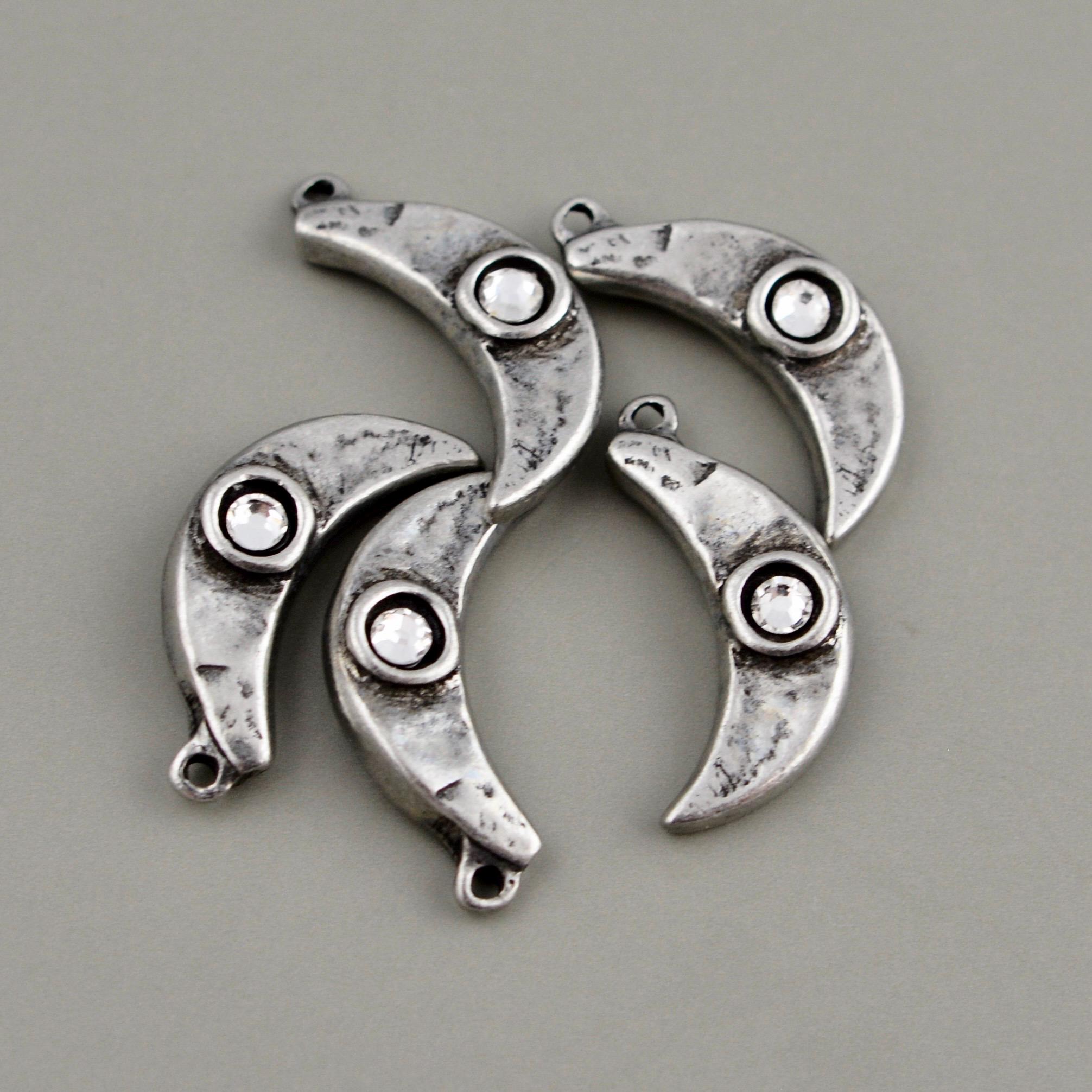 Small Textured Crescent Moon Crystal Rhinestone Pendant, Silver