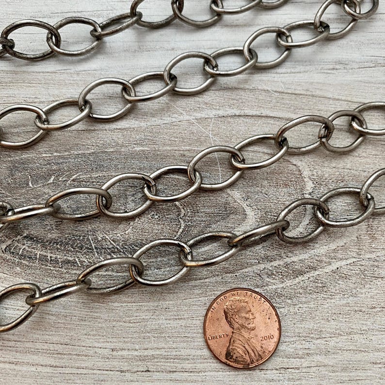 Antieke zilveren ketting, grote ovale kabelschakels, bulkketting te voet, ketting, armband maken, PW-2016 afbeelding 6