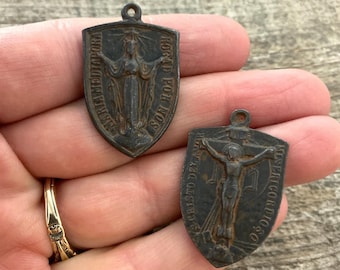 Virgin Mary Medal, Cross Pendant, Crucifix Shield, Antiqued Rustic Brown Rosary Parts, Catholic Religious Jewelry Supply, BR-6079