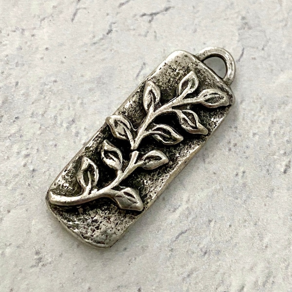 Vine Flower Bar Pendant, Antiqued Silver Pewter Rectangle Charm for Jewelry Making, PW-6122