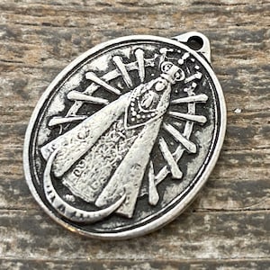 Medalla de Nuestra Señora de Luján, colgante religioso católico, Santísima Madre, dije de plata oxidada envejecida, joyería religiosa, PW-6103