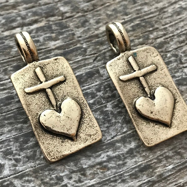 2 Heart Cross Rectangle Charm, Antiqued Gold, Heart Cross, Talisman, NEW GL-6010