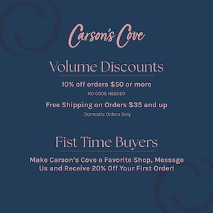 The image is a promotional graphic for Carson's Cove, featuring a blue background with white text and a pink and blue design element.