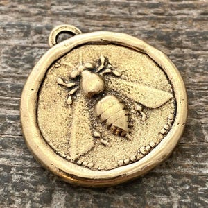 Large Soldered Bee Pendant, Crown and Laurel Leaf Charm, Artisan Jewelry Components Supplies, GL-6190