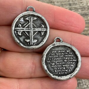 Soldered Serenity Prayer Coin, Pocket Cross Charm, Sobriety Token, Antiqued Silver Religious Christian Men's Jewelry, PW-6090 image 3