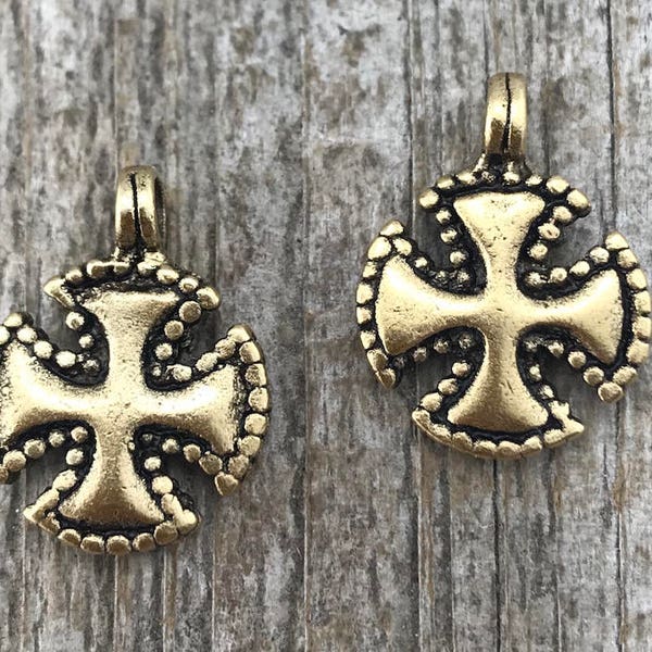 2 Cross Charm, Antiqued Gold Cross, Maltese Cross, Religious Cross, Catholic Cross Christian Jewelry Cross for Jewelry Making, GL-6031