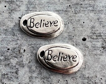 2 Believe Charm, Silver Jewelry Making Small Tag with Handwriting Text, SL-6214