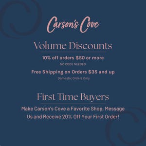 The image is a promotional graphic for Carson's Cove, featuring a blue background with text and a circular design element.