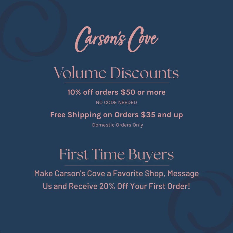 The image is a promotional graphic for Carson's Cove, featuring a blue background with text and a circular design element.