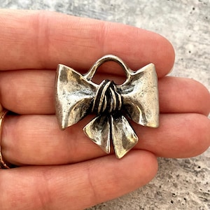 Large Bow Pendant, Bracelet Charm, Antiqued Silver, Jewelry Making, PW-6165 image 1