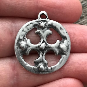 Ancient Circle Cross Charm, Cross Coin Token, Silver Religious Cross, Antiqued Silver Charm, Christian Jewelry Making Supplies, PW-6055 image 4