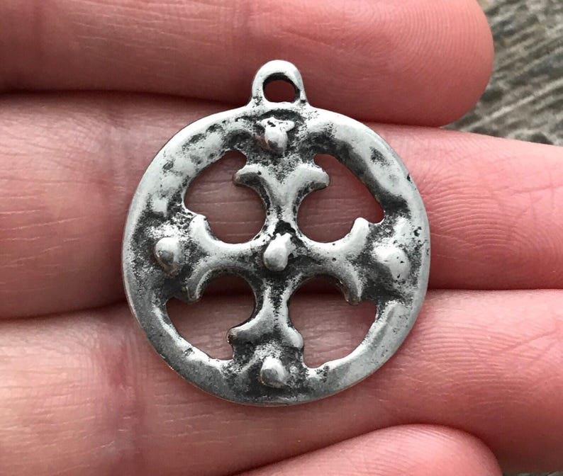 Ancient Circle Cross Charm, Cross Coin Token, Silver Religious Cross, Antiqued Silver Charm, Christian Jewelry Making Supplies, PW-6055 image 4