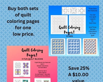 Quilt Coloring Pages, Buy Both Sets & Save, Coloring Pages, Quilting Fun, Instant Download, Adult Coloring, PDF, Printable, Gift for Quilter