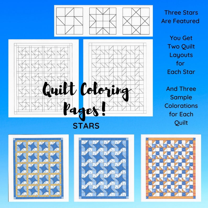 Quilt Coloring Pages, Star Quilts, Coloring Pages, Quilting Fun, Instant Download, Adult Coloring, PDF, Printable, Digital, Drawing image 1