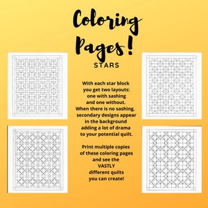 Quilt Coloring Pages, Star Quilts, Coloring Pages, Quilting Fun, Instant Download, Adult Coloring, PDF, Printable, Digital, Drawing image 2