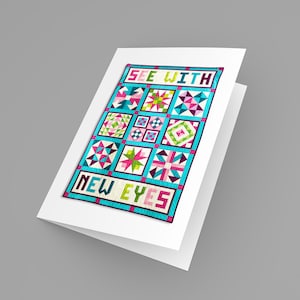 Tarjeta de notas de patchwork, Ver con ojos nuevos, Tarjetas de edredón en blanco, Tarjeta de notas de costura, Mensaje motivacional de tarjetas de notas en blanco, Tarjeta de recuerdo, Fabricante de edredones