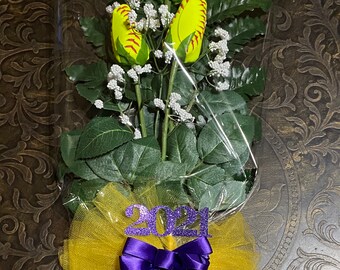 Softball Rose bouquet with 3 softball roses/greenery/baby's breath/ and custom bow color and name option