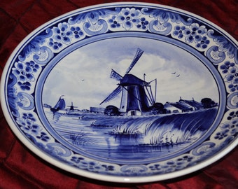 Delft Decor Holland Windmill Plates Blue and White Plates collectible Plates Holland Decor Sweden Decor Wooden Dock Stone Arch Bridge Etsy