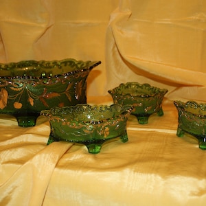 EAPG US Glass Co Gold Accents Emerald Green set of 4 Scalloped and  Footed  Serving Bowls 1898 Bohemian (Floradora) Pattern