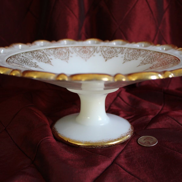 Vintage Anchor Hocking Milk Glass Gilded 11" Pedestal Fruit Bowl Discontinued Old Colony/Lace Edge