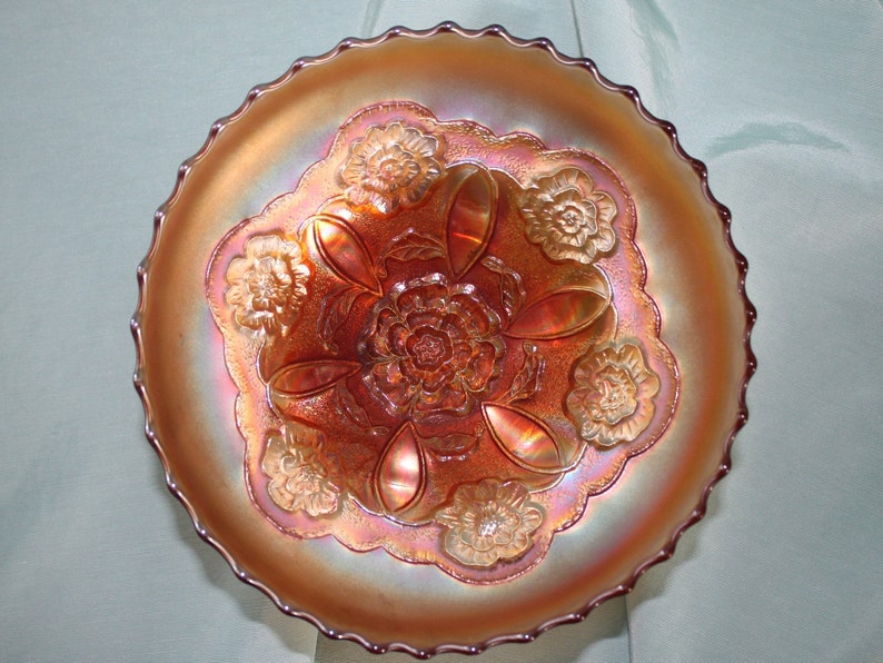 Vintage Marigold Floral Carnival Glass Pedestal Bowl Etsy