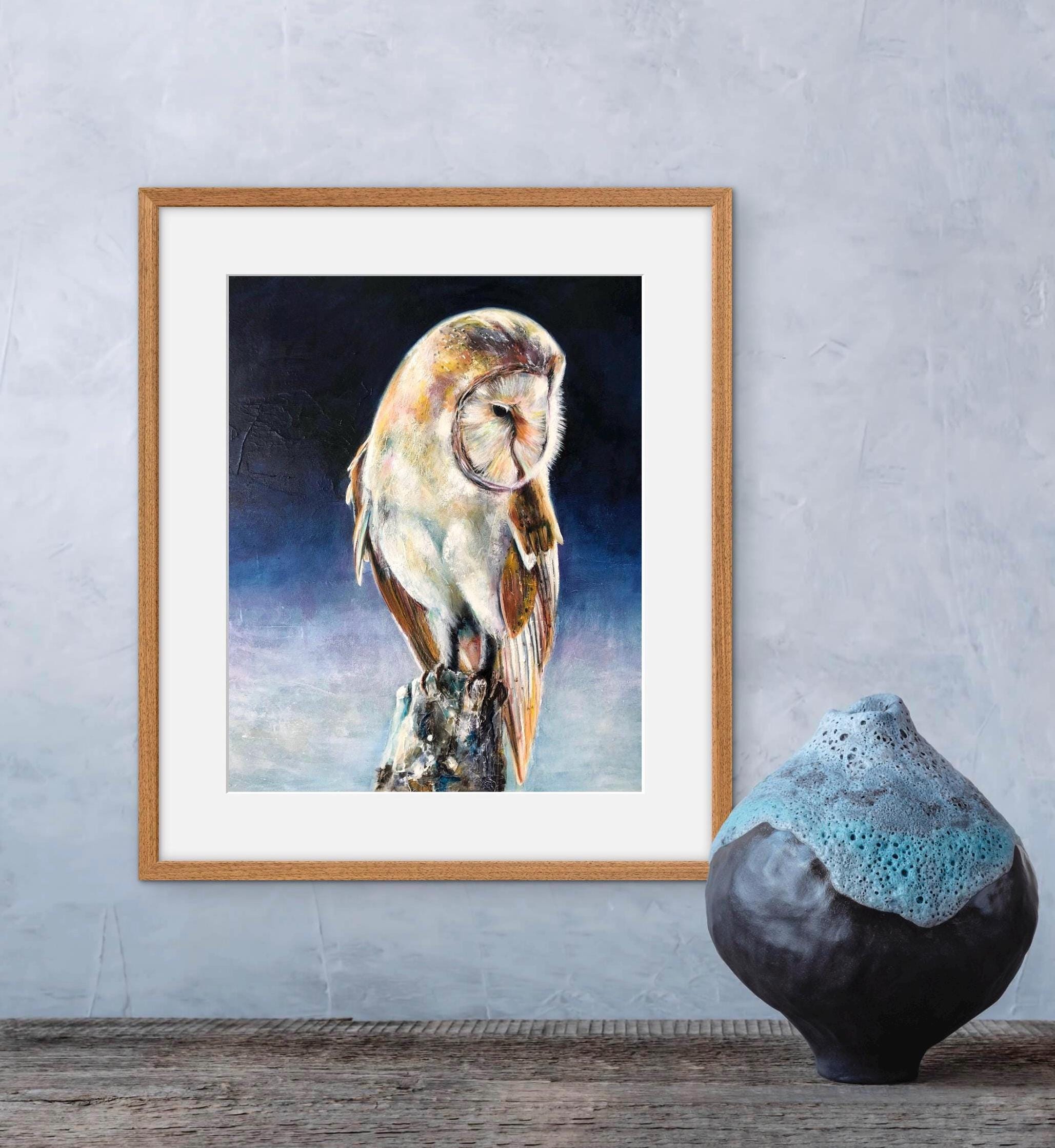 Barn Owl Art Print | Moody Wildlife Painting |Mounted A3 Gicl&eacute;e (Ready to Frame)