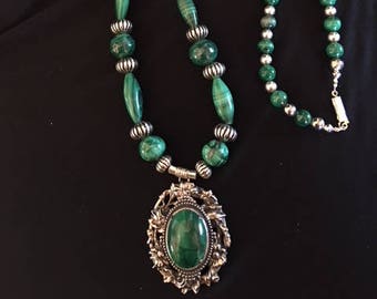 Green Malachite and Vintage Silver Beads Necklace