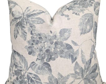 Linen Floral Modern Cottage Style Pillow Cover- Blue & Beige Decorative Cushion Cover- Country House Pillow