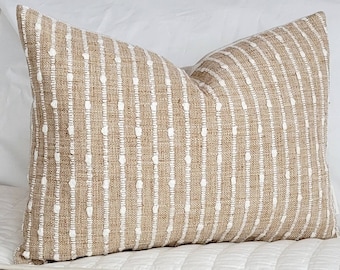 Modern Farmhouse textured pillow, camel woven pillow with white knot detail, Designer Pillow Cover Tan, *IRIS