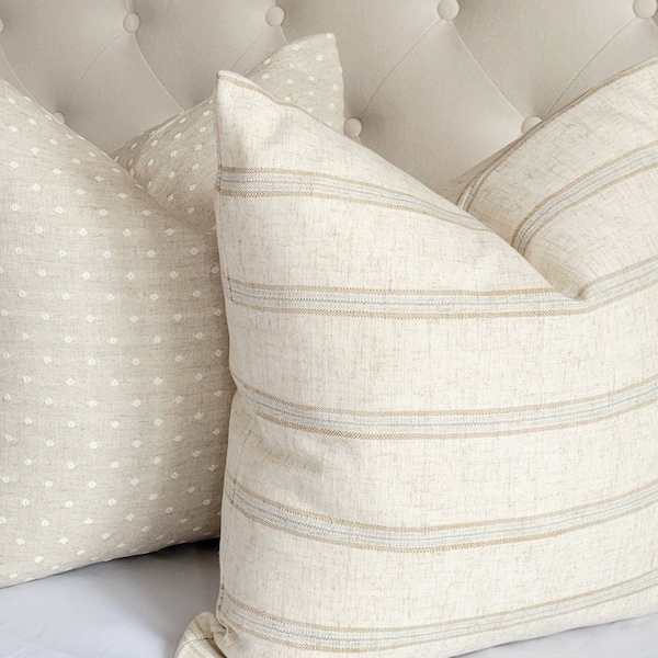 Modern Farmhouse Beige striped pillow cover, fall neutral pillow 14x20, 20x20, 22x22 designer beige with thin blue stripe pillow cover