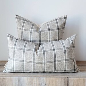 Grey lumbar pillow cover 12x24, decorative grey check pillow, autumn decor pillow cover, neutral decor, modern decor pillow,