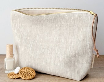 Beige Makeup Bag, Neutral Cosmetic Bag For Women, Linen Toiletry Bag For Women, Make Up Bag Gift