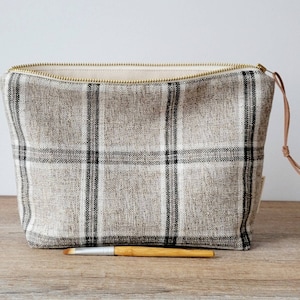 Étui maquillage rustique grise à carreaux, pochette pour maquillage, cadeau trousse maquillage femme, trousse soin de peau, pochette unique