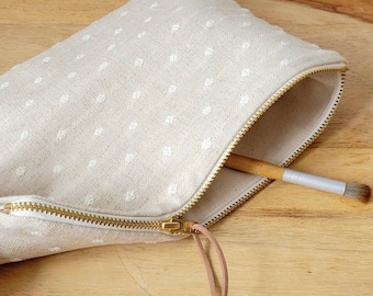 Beige polka dot makeup bag, unique cosmetic bag, minimalist fabric clutch, toiletry bag women