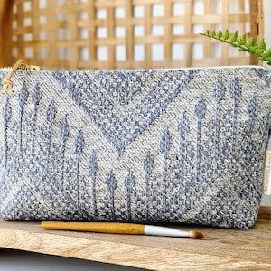 Unique Makeup Bag Blue And Gray, Boho Cosmetic Pouch, Unique Gift Women, Handmade Makeup Bag, Medium Toiletry Bag, Gift For Makeup Lover
