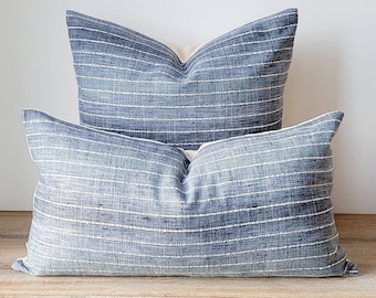 Blue and white striped cushion - High-end decorator fabrics - Made in Canada