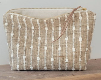 Boho textured makeup bag, woven cosmetic bag, white stripe burlap look pouch, rustic farmhouse makeup bag, special gift for teen girls