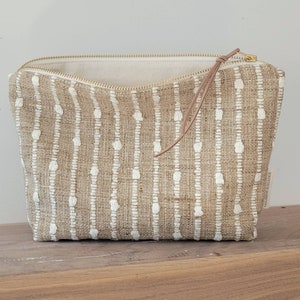Boho textured makeup bag, woven cosmetic bag, white stripe burlap look pouch, rustic farmhouse makeup bag, special gift for teen girls