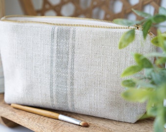 French Rustic Makeup Bag, Farmhouse Make up Bag, Modern Farmhouse Cosmetic Bag, Unique Travel Pouch, French Makeup Bag, ticking stripe bag