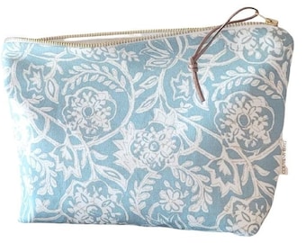 Floral makeup bag,  turquoise cosmetic bag, travel pouch women, cotton toiletry bag women,  unique gifts women, teengirl gifts,