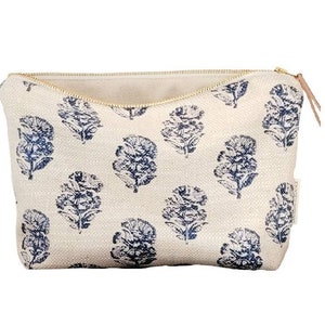 Étui maquillage floral beige et bleu, cadeau unique femme et adolescente, pochette bohème floral bleu indigo et beige, cadeau original femme