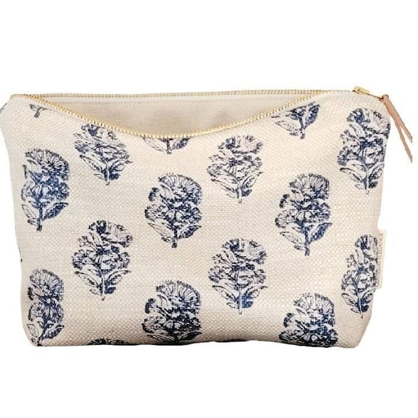 Blue floral makeup bag, block print inspired cosmetic bag, unique floral toiletry bag women, unique gift mom, bestie gift, bridesmaid gifts