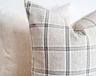 Grey linen windowpane pillow cover 20x20. Modern Farmhouse pillow gray, plaid pillow 20x20, autumn decor decorative pillow