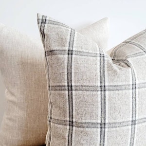 Grey linen windowpane pillow cover 20x20. Modern Farmhouse pillow gray, plaid pillow 20x20, autumn decor decorative pillow