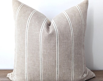 Brown striped cushion in Farmhouse or English Cottage style, made in Canada