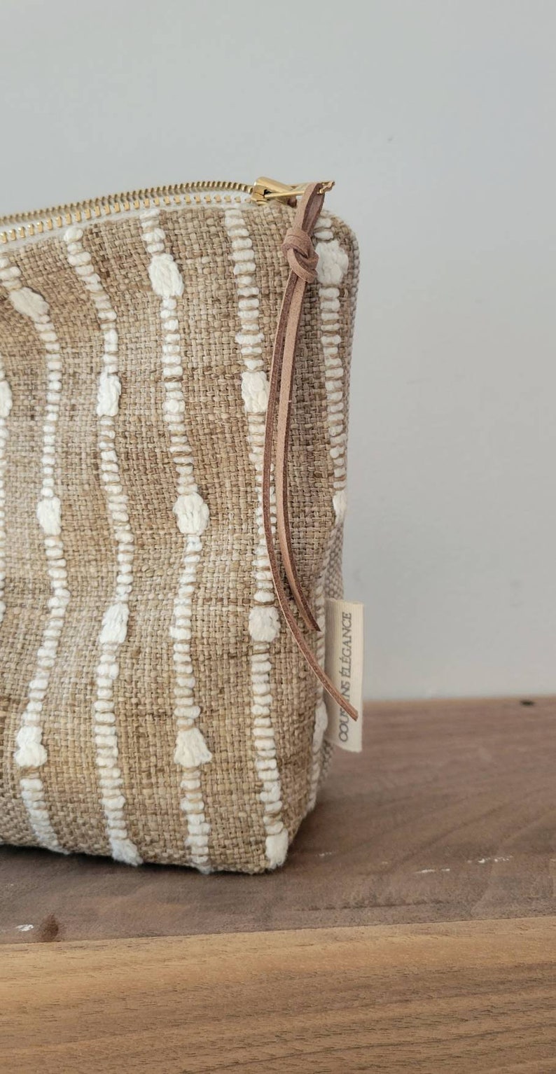 Boho textured makeup bag, woven cosmetic bag, white stripe burlap look pouch, rustic farmhouse makeup bag, special gift for teen girls image 4