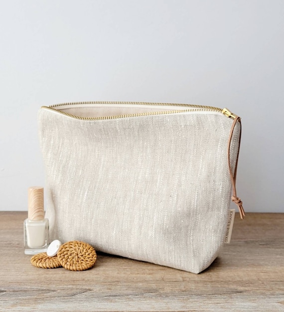 Beige Makeup Bag, Neutral Cosmetic Bag for Women, Linen Toiletry