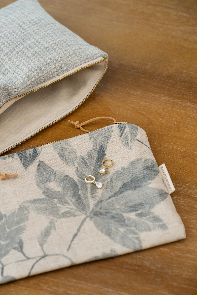 Blue and beige floral makeup pouch, unique handmade cosmetic bag, makeup case, teenage gift, mom gift image 4