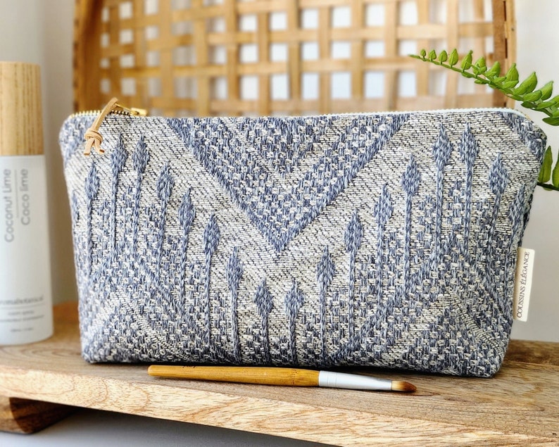 Unique Makeup Bag Blue And Gray, Boho Cosmetic Pouch, Unique Gift Women, Handmade Makeup Bag, Medium Toiletry Bag, Gift For Makeup Lover image 1